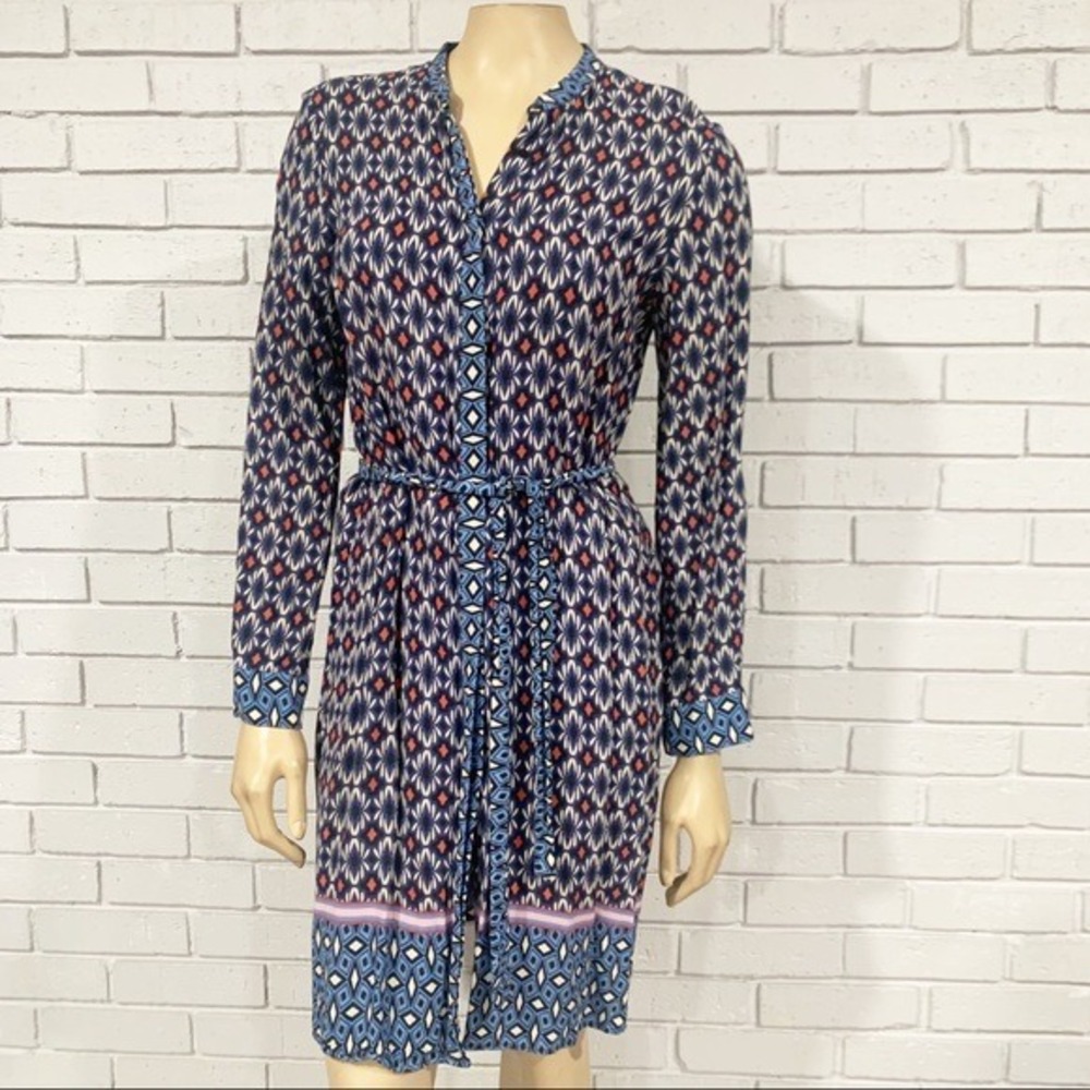 Zara Geometric Print Button Front Tie Waist Shirt Dress Preppy Navy M